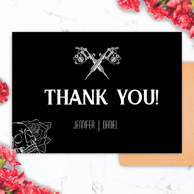 Black and White Skull Tattoo Wedding Thank You Card (Black and White Skull Tattoo Wedding Thank You Card)