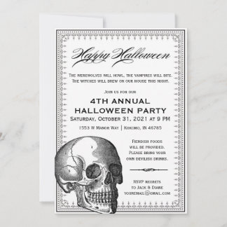 Black and White Skull Vintage Halloween Invitation