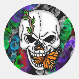 Black and White Skull with Monarch Butterfly    Classic Round Sticker