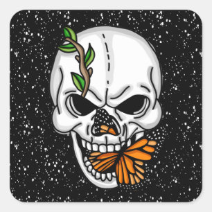 Black and White Skull with Monarch Butterfly   Square Sticker