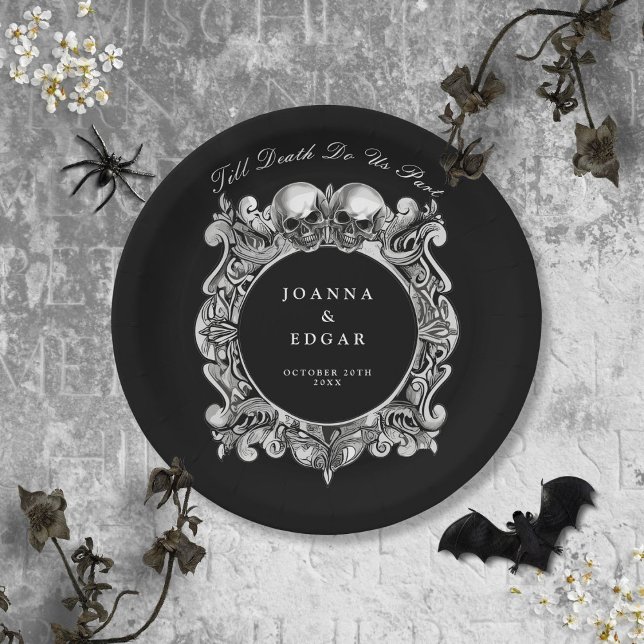 Black And White Skulls Gothic Wedding Paper Plate (Black And White Skulls Gothic Wedding Paper Plates)