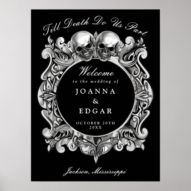Black And White Skulls Gothic Wedding Welcome Sign (Front)
