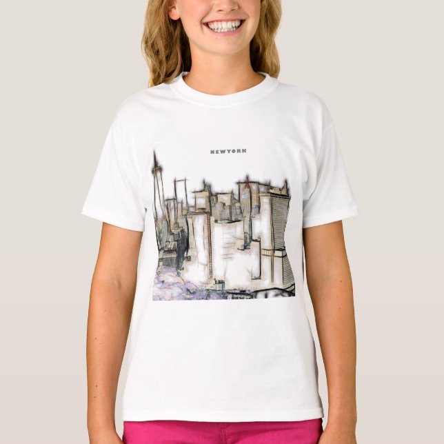 Black And White Skyline Newyork City Drawing T-Shirt (Front)