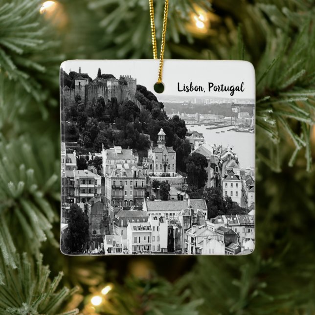 Black and White Skyline of Lisbon Portugal  Ceramic Ornament (Tree)