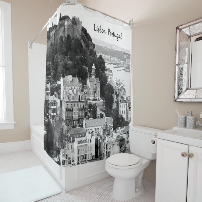 Black and White Skyline of Lisbon Portugal   Shower Curtain (In Situ)