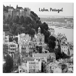 Black and White Skyline of Lisbon Portugal   Tile