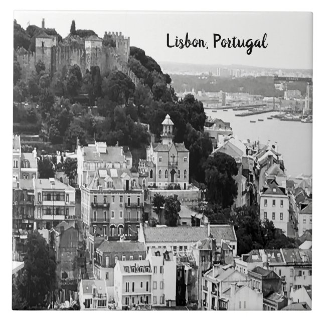 Black and White Skyline of Lisbon Portugal   Tile (Front)