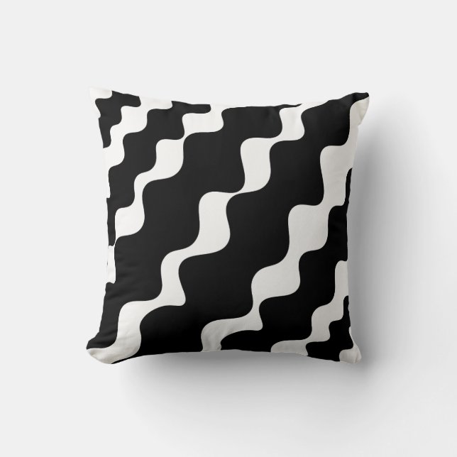 Black and white slanting waves pattern  cushion (Front)