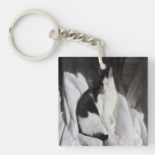 Black and White Sleeping Cat/Add Your Pet's Photo Key Ring