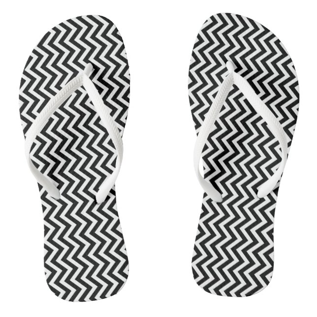 Black and White Small Vertical Chevron Stripes Flip Flops (Footbed)
