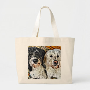 Black and White smiling Golden Doodle dogs Large Tote Bag