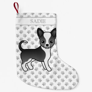 Black And White Smooth Coat Chihuahua Dog & Name Small Christmas Stocking