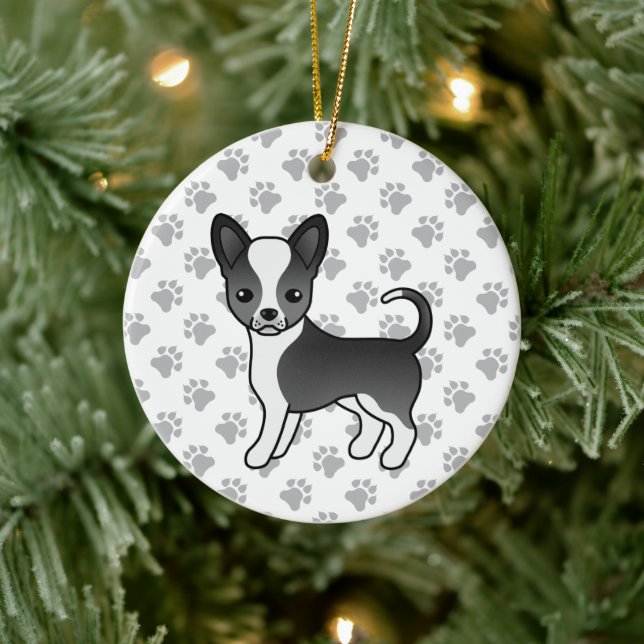 Black And White Smooth Coat Chihuahua Dog & Paws Ceramic Tree Decoration (Tree)