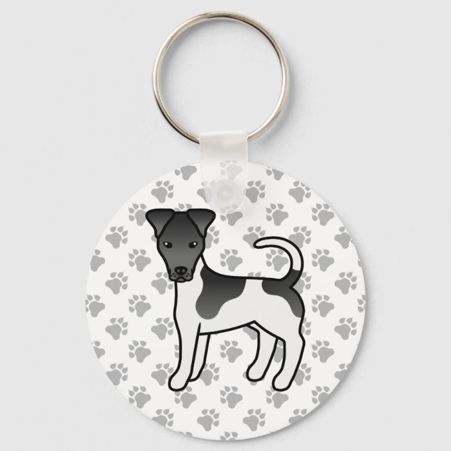 Black And White Smooth Fox Terrier Cartoon Dog Key Ring (Front)