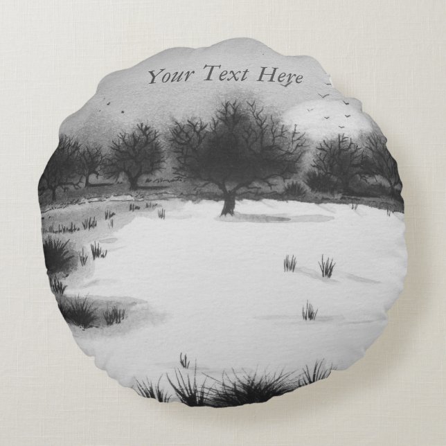 black and white snow covered landscape round cushion (Back)