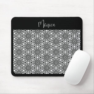 Black and White Snowflake Flower Pattern Mouse Mat