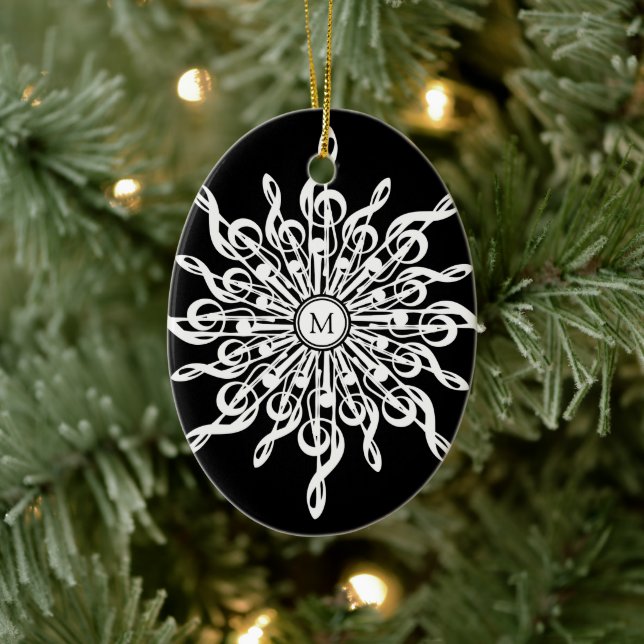 Black and White Snowflake Music Notes Monogram Ceramic Tree Decoration (Tree)