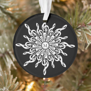 Black and White Snowflake Music Notes Monogram Ornament