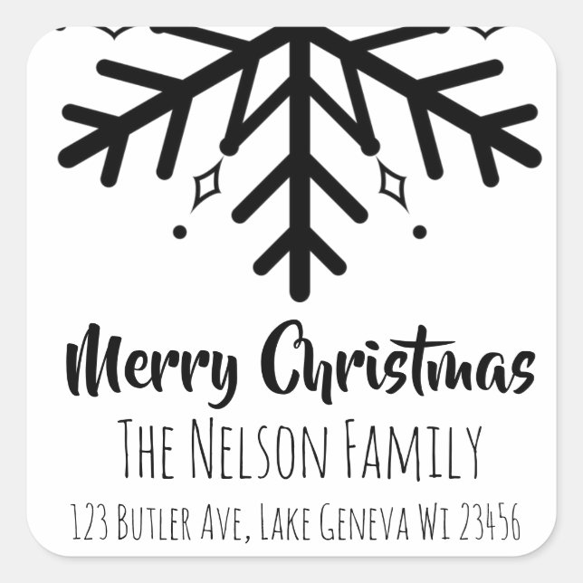 Black and White Snowflake Personalised Christmas Square Sticker (Front)