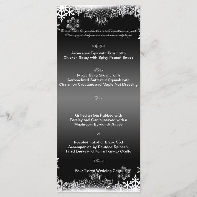 Black and White Snowflake Wedding Menu (Front)