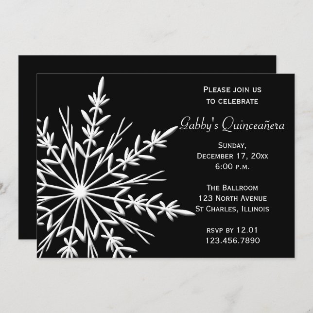 Black and White Snowflake Winter Quinceañera Invitation (Front/Back)
