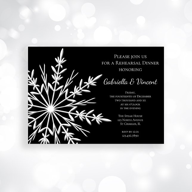 Black and White Snowflake Winter Rehearsal Dinner Invitation (Invite guests with the festive Black White Snowflakes Winter Wedding Rehearsal Dinner Invitation.)