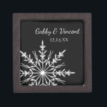 Black and White Snowflake Winter Wedding Jewellery Box<br><div class="desc">Customise the festive Black and White Snowflake Winter Wedding Gift Box with the personal names of the bride and groom and their December, January or February winter wonderland theme marriage ceremony date. Create a personalised keepsake wedding gift for the newlyweds or thank you present for your wedding attendants, bridesmaids and...</div>