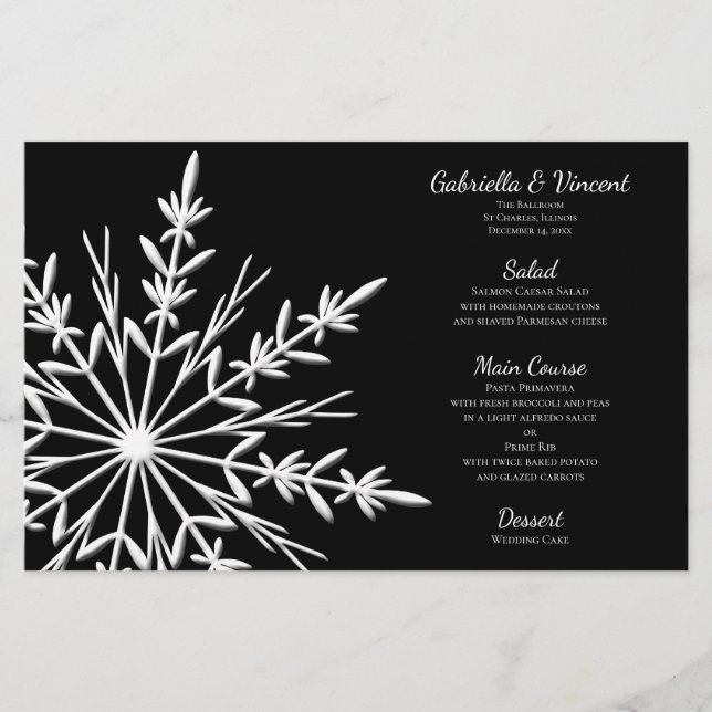 Black and White Snowflake Winter Wedding Menu (Front)