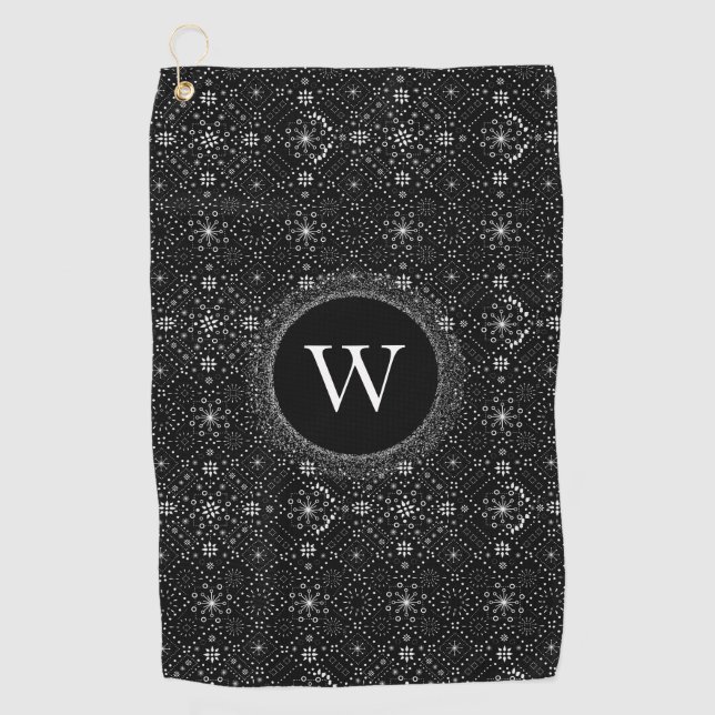 Black and White Snowflakes Pattern Monogram Golf Towel (Front)