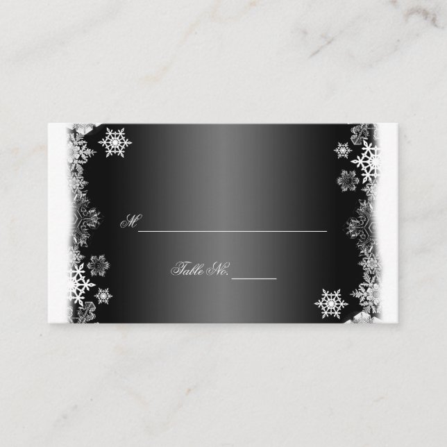 Black and White Snowflakes Wedding Place Cards (Front)