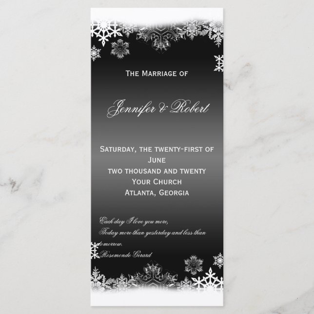 Black and White Snowflakes Wedding Program Programme (Front)