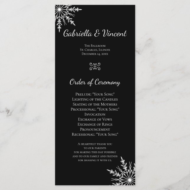 Black and White Snowflakes Winter Wedding Program Programme (Front)