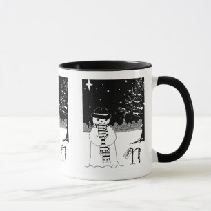 black and white snowman dressed for christmas mug