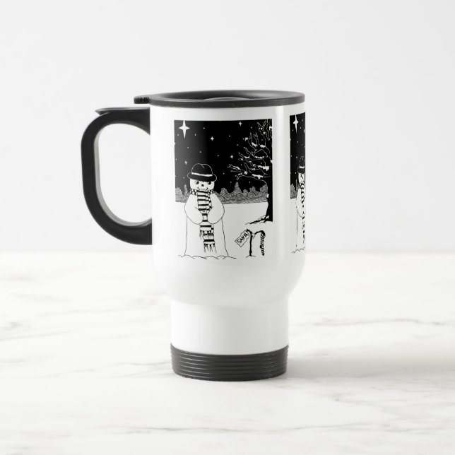 black and white snowman dressed for christmas travel mug (Left)