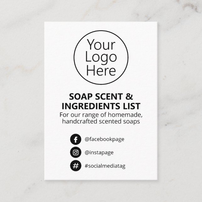 Black And White Soap Scent Ingredients List Logo Business Card (Front)