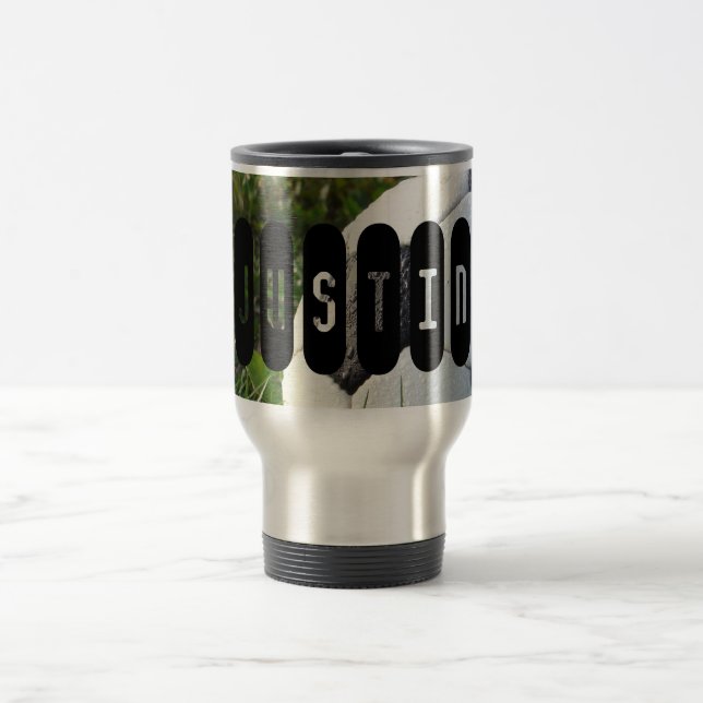 Black and White Soccer Ball in Green Grass Coffee Travel Mug (Center)