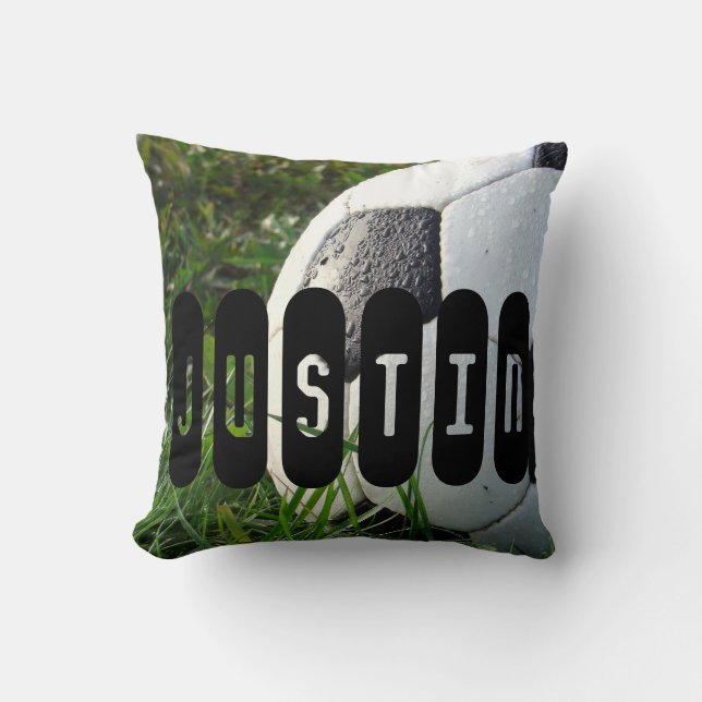 Black and White Soccer Ball in Green Grass Cushion (Front)