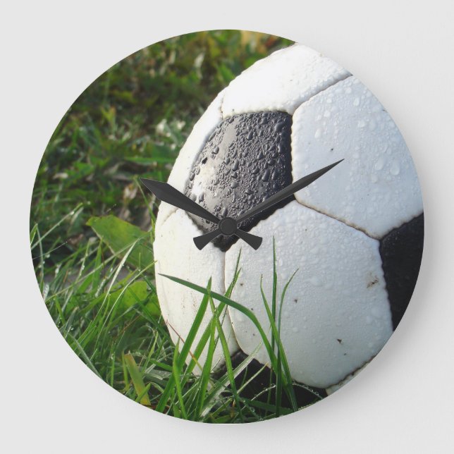 Black and White Soccer Ball in Green Grass Large Clock (Front)