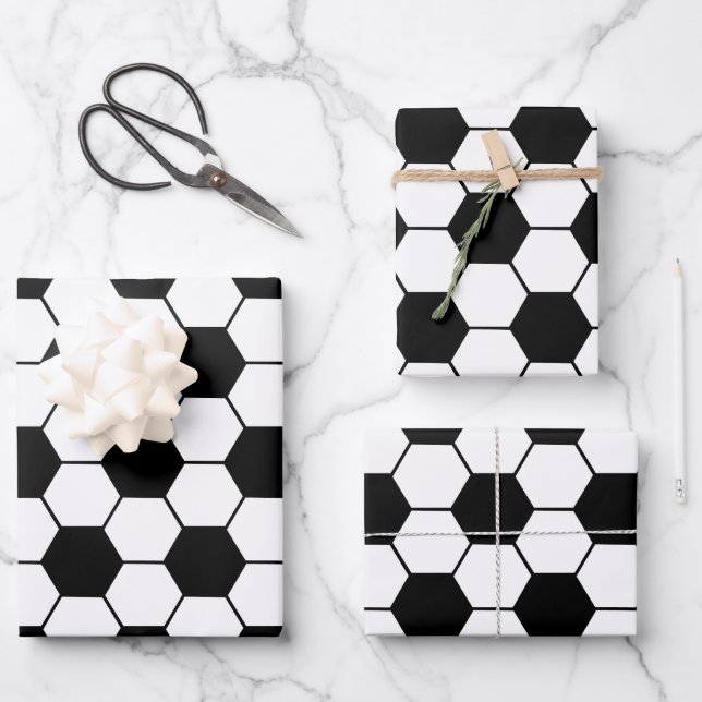 Black and white Soccer ball pattern Wrapping Paper Sheet (Front)
