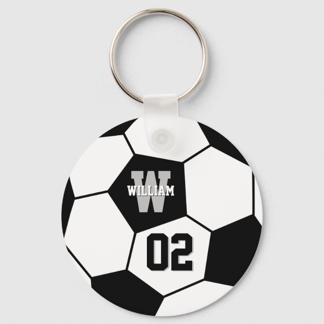 Black and White Soccer Ball Sports Monogram Key Ring (Front)