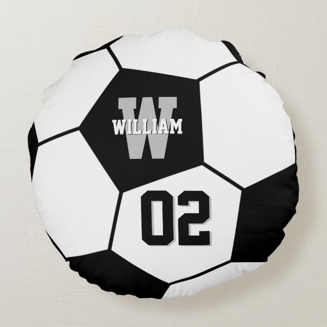 Black and White Soccer Ball Sports Monogram Round Cushion (Back)