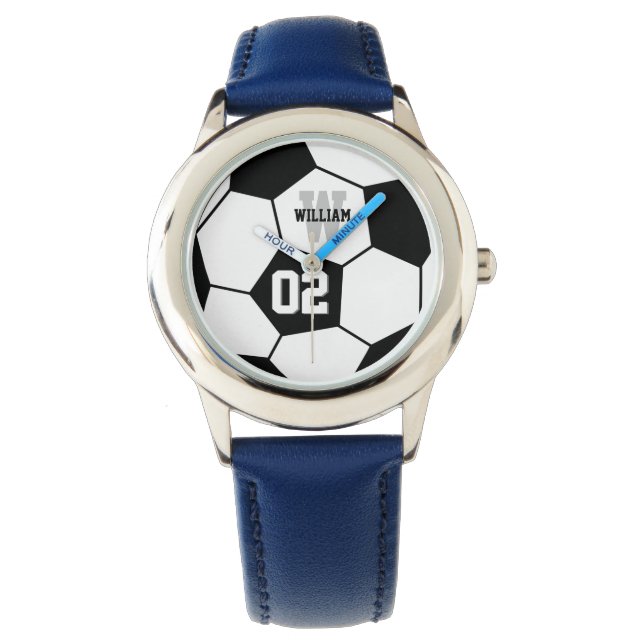 Black and White Soccer Ball Sports Monogram Watch (Front)