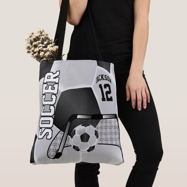 Black and White Soccer Ball Tote Bag (Close Up)