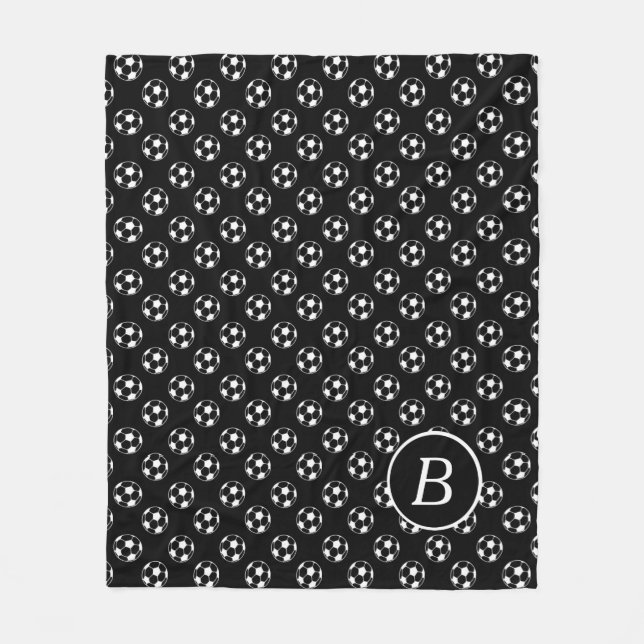 Black and White Soccer Balls Monogram Fleece Blanket (Front)