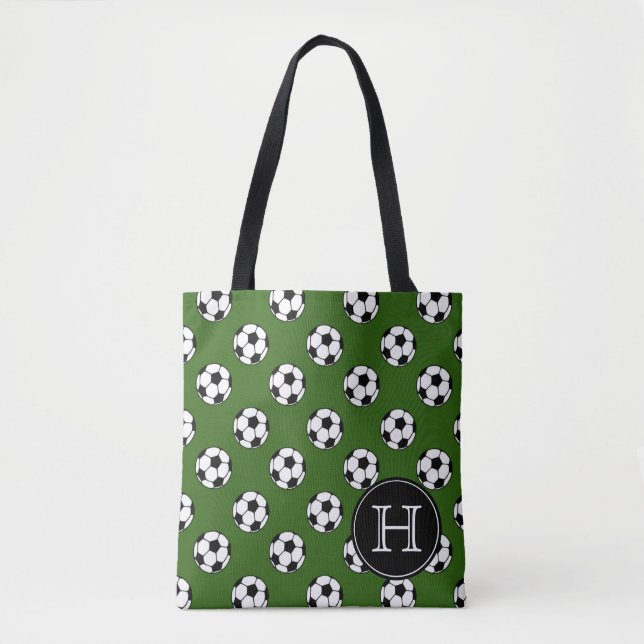 Black and White Soccer Balls on Green Monogram Tote Bag (Front)