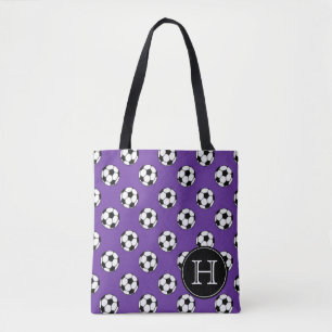 Black and White Soccer Balls on Purple Monogram Tote Bag