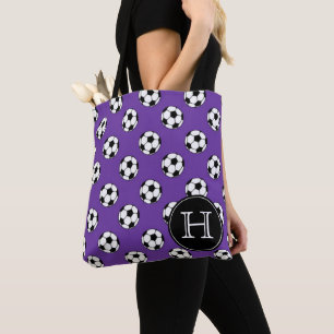 Black and White Soccer Balls on Purple Monogram Tote Bag