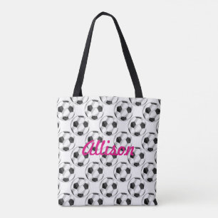 Black and White Soccer Balls with Name Tote Bag
