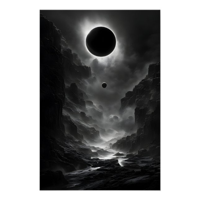 Black and White Solar Eclipse at Night Poster (Front)