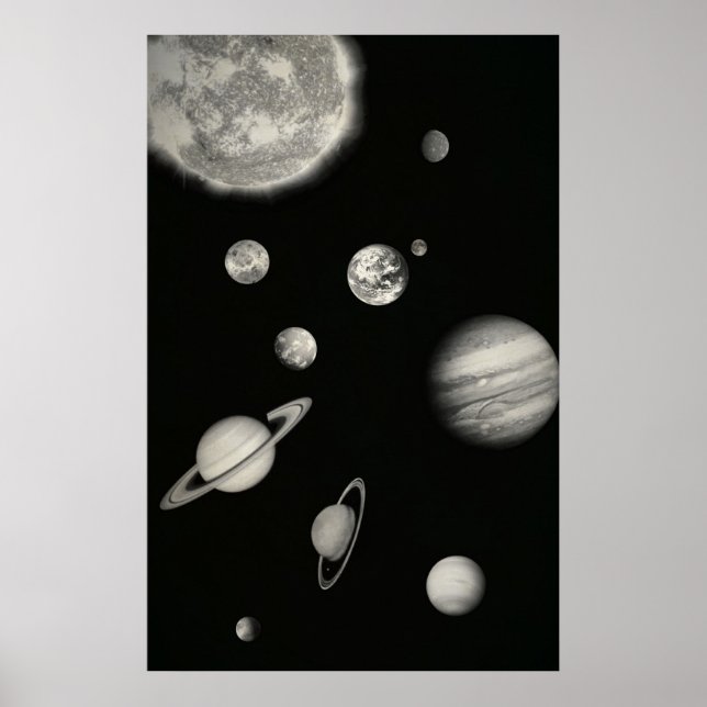Black and White Solar System in the space Poster (Front)